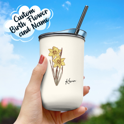 Custom Name Birth Flower Straw Coffee Cup 12oz/350ml - Personalized and Stylish-Blongser