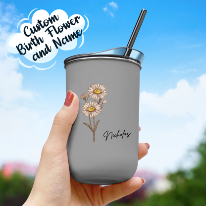 Custom Name Birth Flower Straw Coffee Cup 12oz/350ml - Personalized and Stylish-Blongser