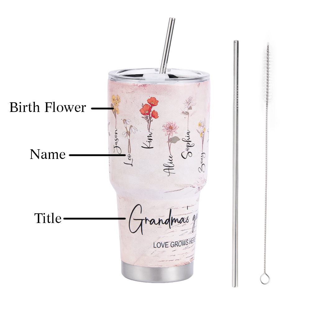 Custom 30oz Insulated Tumbler with Watercolor Birth Flower Name Text – Perfect Birthday Gift for Mom or Grandma-Blongser