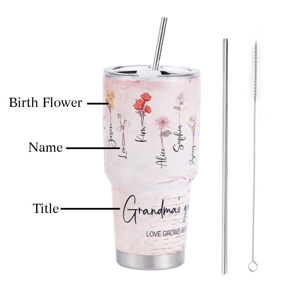 Custom 30oz Insulated Tumbler with Watercolor Birth Flower Name Text – Perfect Birthday Gift for Mom or Grandma-Blongser