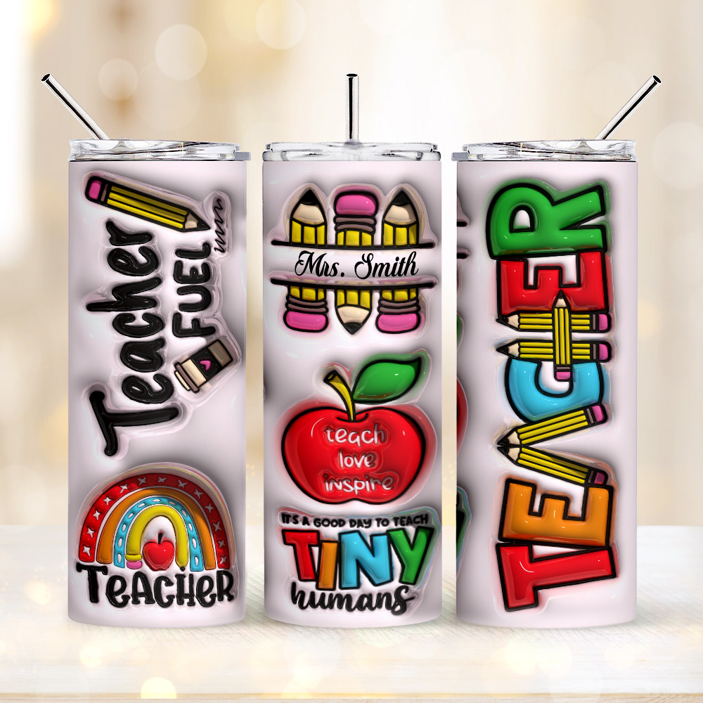 Personalized 3D Inflated Effect Apple Pencil Rainbow Design 20oz Skinny Tumbler Lid and Straw Back to School Gift for Teacher-Blongser
