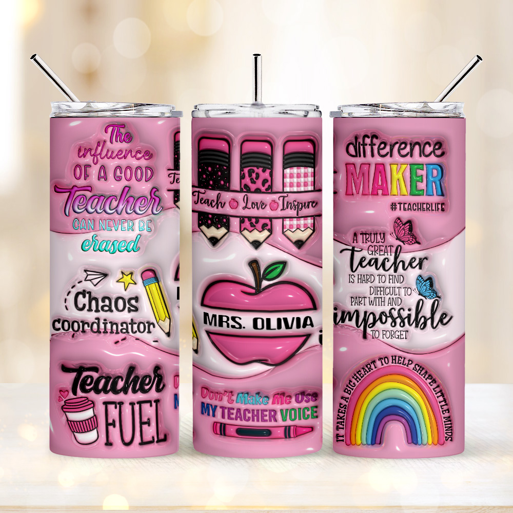 Personalized 3D Apple Pencil Design 20oz Skinny Tumbler Lid and Straw Back to School Gift for Teacher-Blongser