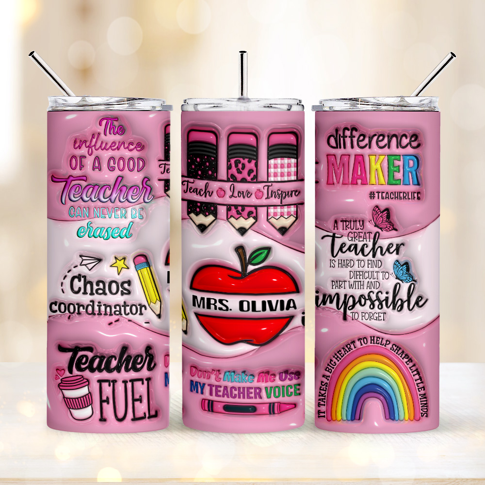 Personalized 3D Apple Pencil Design 20oz Skinny Tumbler Lid and Straw Back to School Gift for Teacher-Blongser