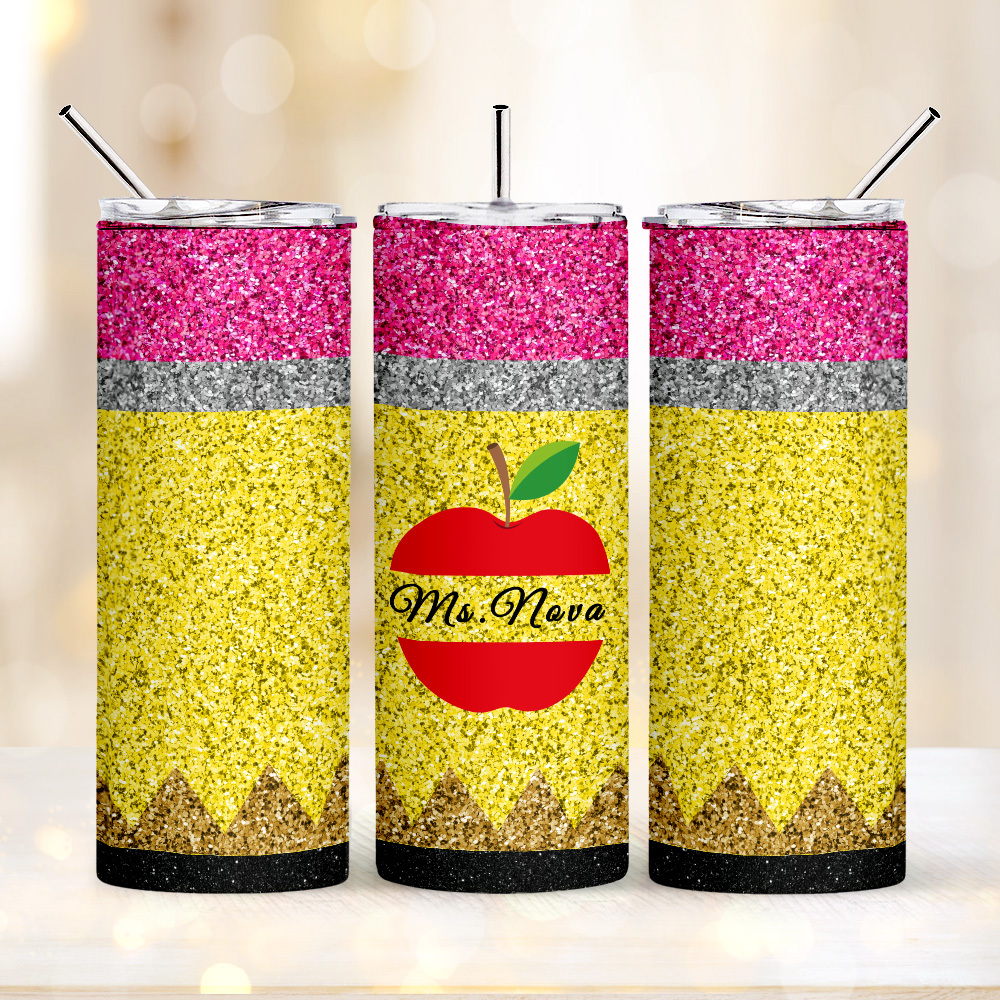 Personalized Glitter Apple 20oz Skinny Tumbler with Straw Back to School Appreciation Gift for Teacher-Blongser