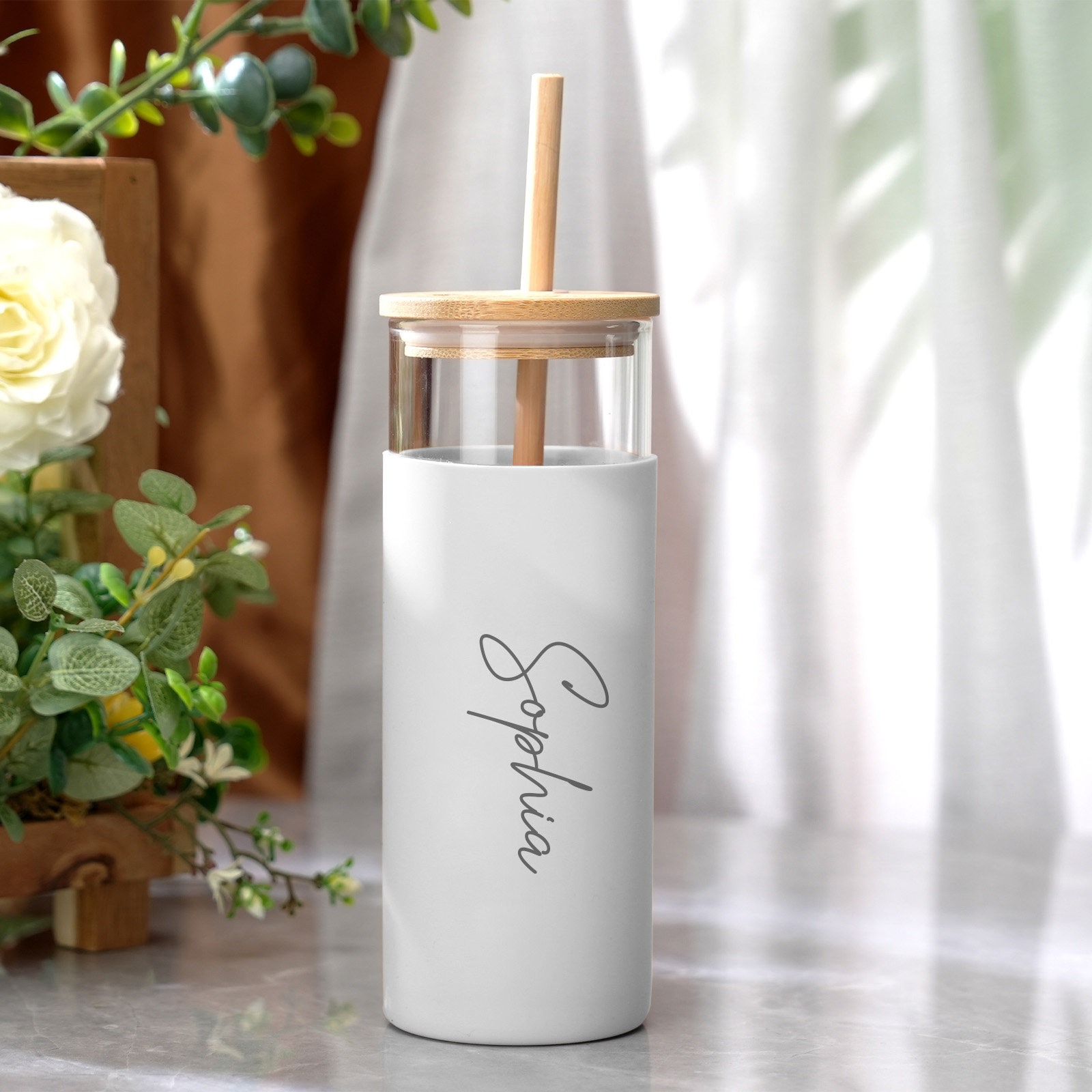 Personalized Name 17oz Glass Tumbler Coffee Tumbler with Engraved Wood Lid Silicone Case and Straw Birthday Gift-Blongser