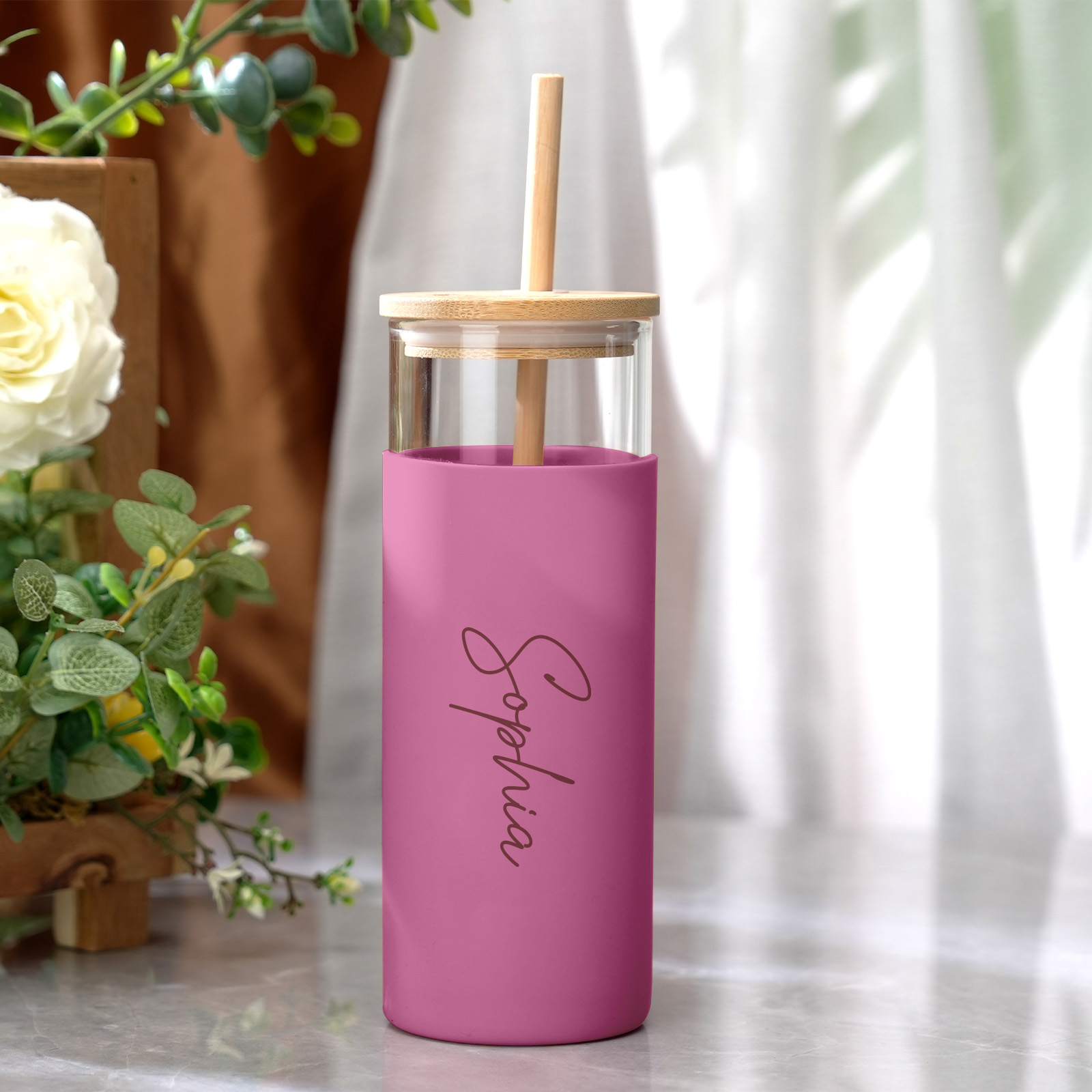 Personalized Name 17oz Glass Tumbler Coffee Tumbler with Engraved Wood Lid Silicone Case and Straw Birthday Gift-Blongser