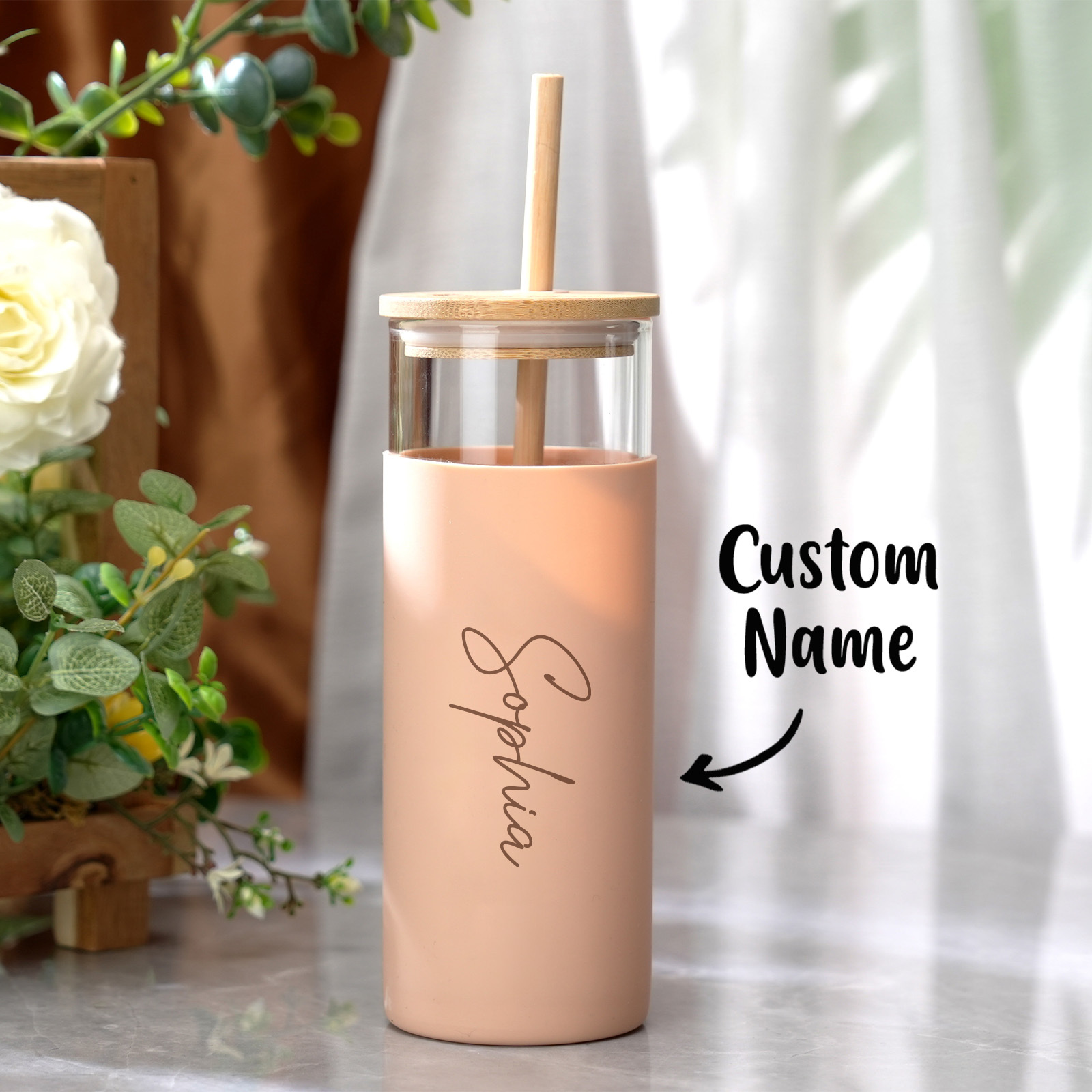 Personalized Name 17oz Glass Tumbler Coffee Tumbler with Engraved Wood Lid Silicone Case and Straw Birthday Gift-Blongser