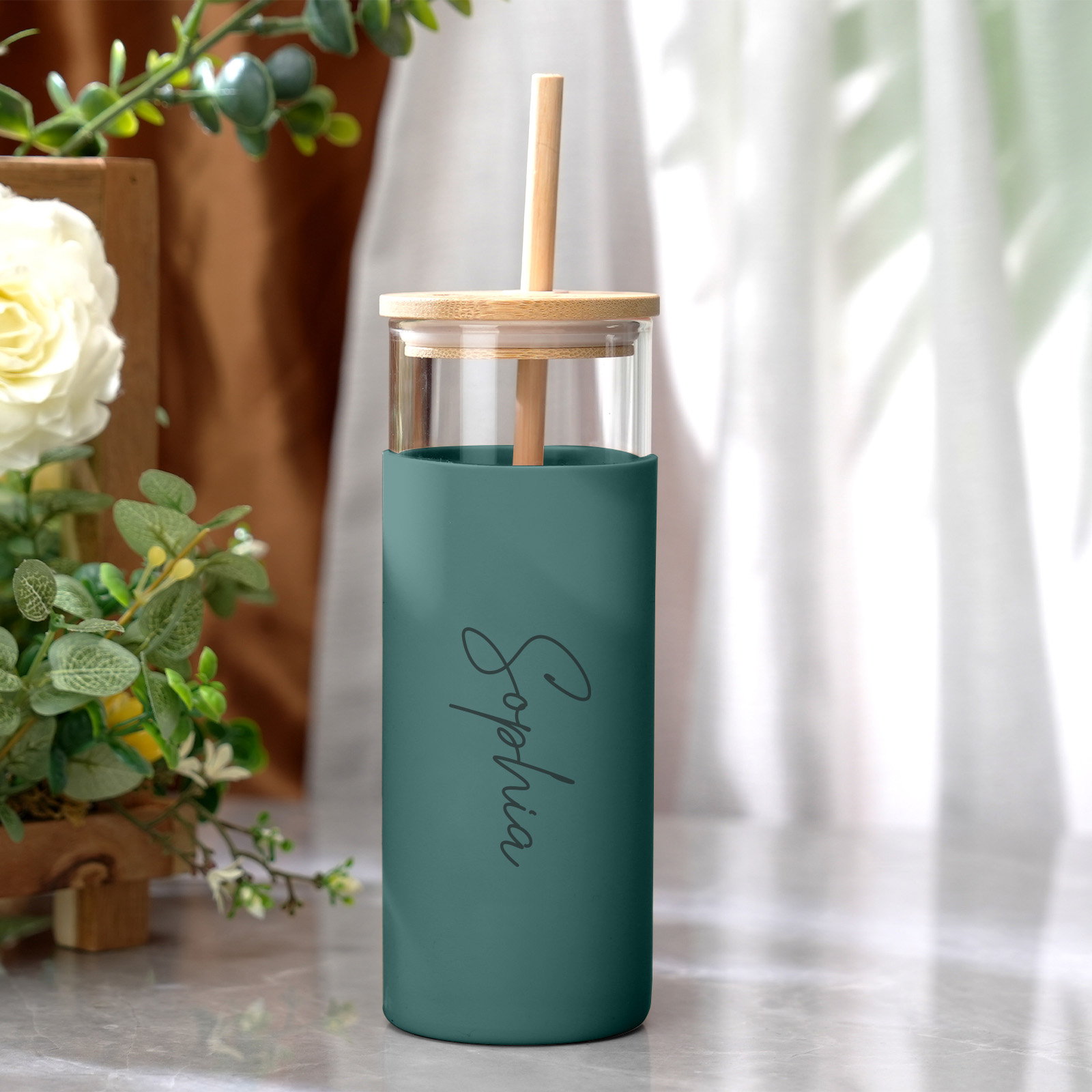 Personalized Name 17oz Glass Tumbler Coffee Tumbler with Engraved Wood Lid Silicone Case and Straw Birthday Gift-Blongser