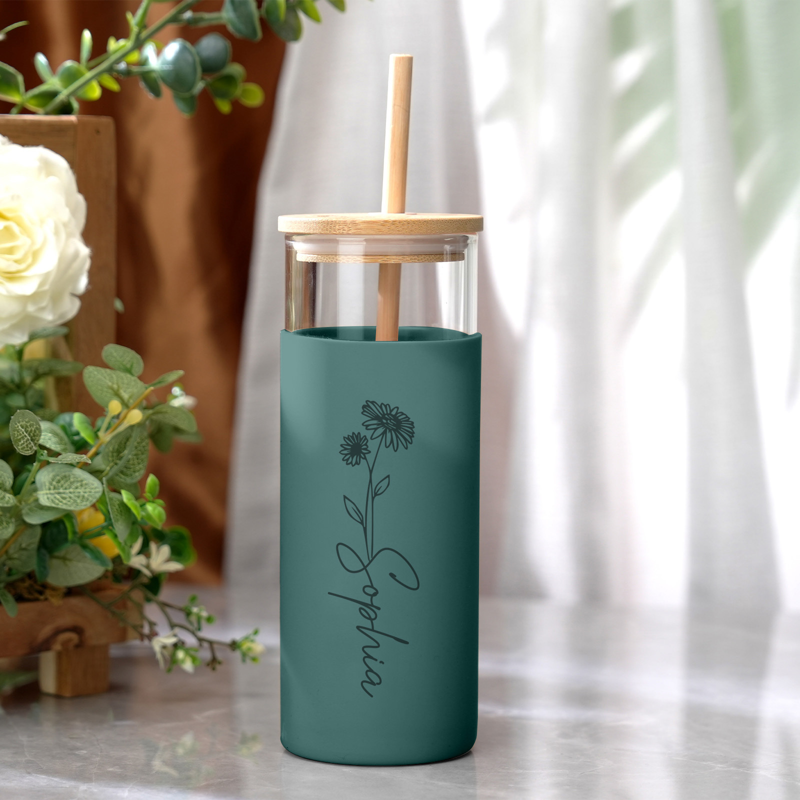 Personalized Name 17oz Glass Tumbler Coffee Tumbler with Engraved Wood Lid Silicone Case and Straw Birthday Gift-Blongser