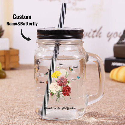 Personalized Birth Butterfly Bouquet Mason Jar with Handle Lid and Straw Birthday Gift for Mom Grandma-Blongser