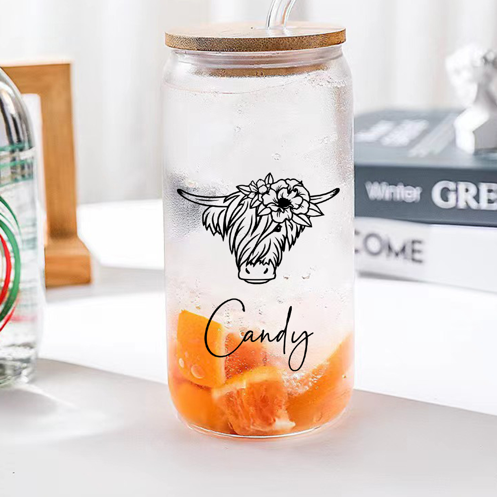Personalized Highland Cow Tumbler with Name Clear Can Glass Gift for Highland Cow Lovers-Blongser