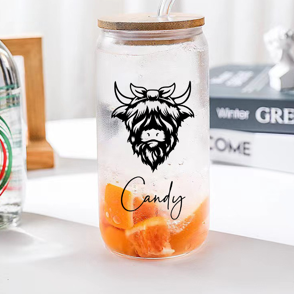 Personalized Highland Cow Tumbler with Name Clear Can Glass Gift for Highland Cow Lovers-Blongser