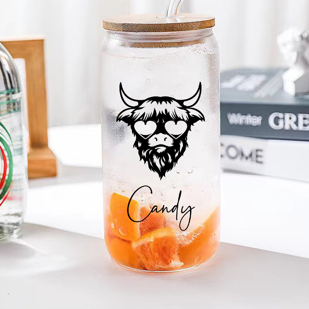 Personalized Highland Cow Tumbler with Name Clear Can Glass Gift for Highland Cow Lovers-Blongser