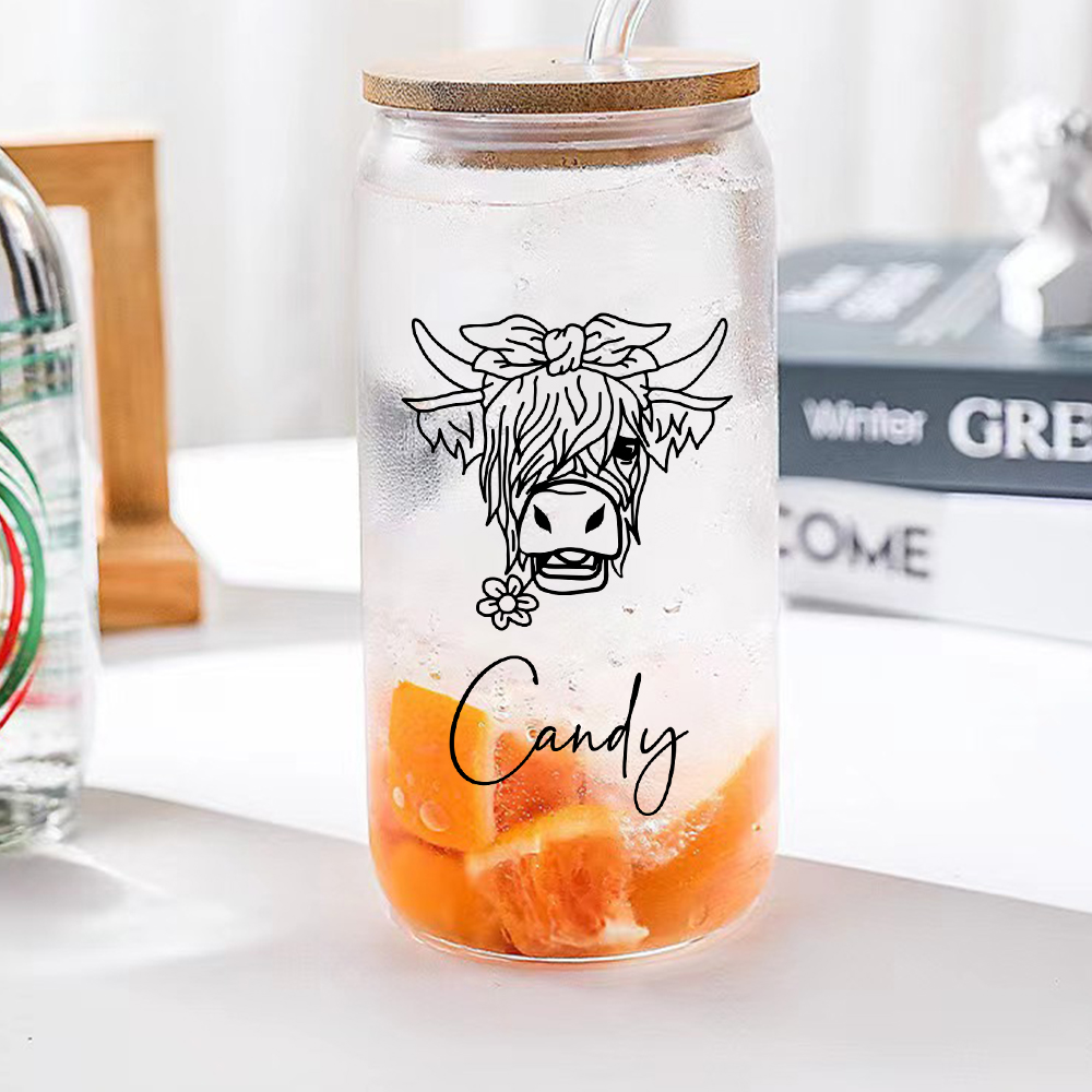 Personalized Highland Cow Tumbler with Name Clear Can Glass Gift for Highland Cow Lovers-Blongser