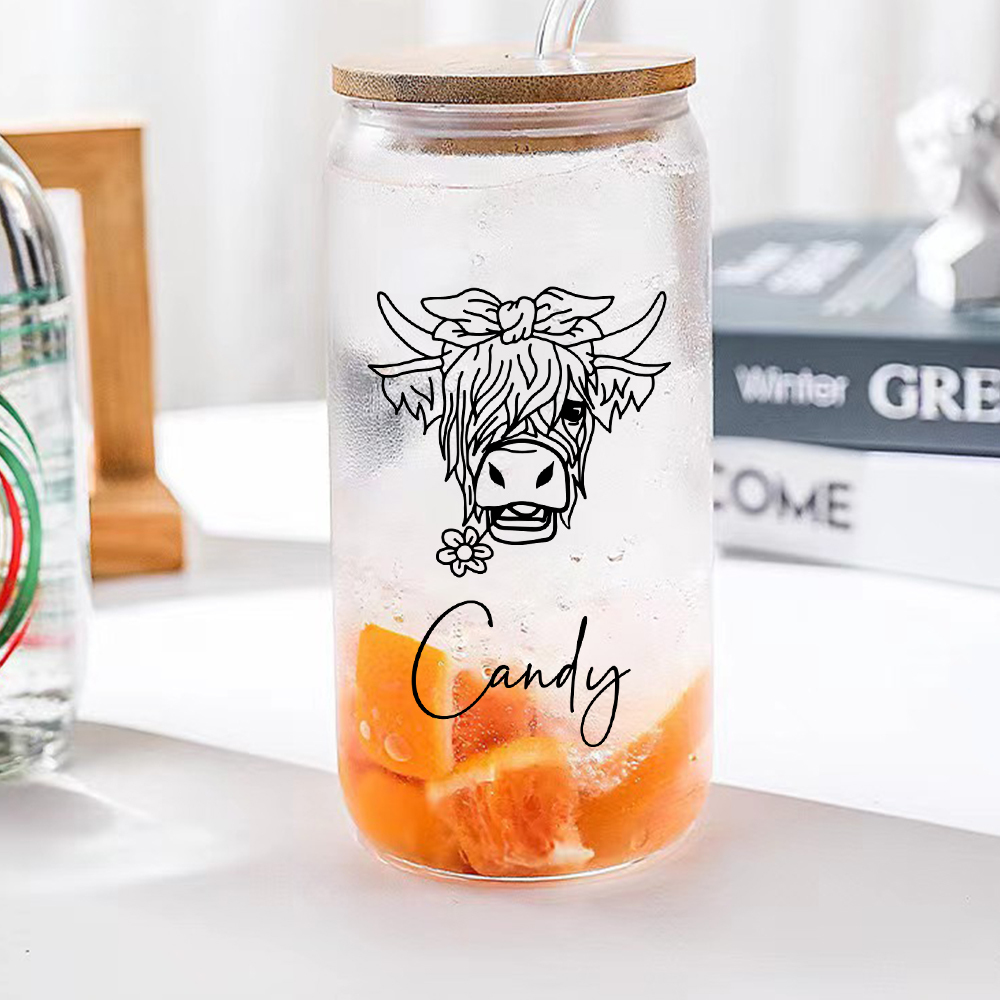 Personalized Highland Cow Tumbler with Name Clear Can Glass Gift for Highland Cow Lovers-Blongser