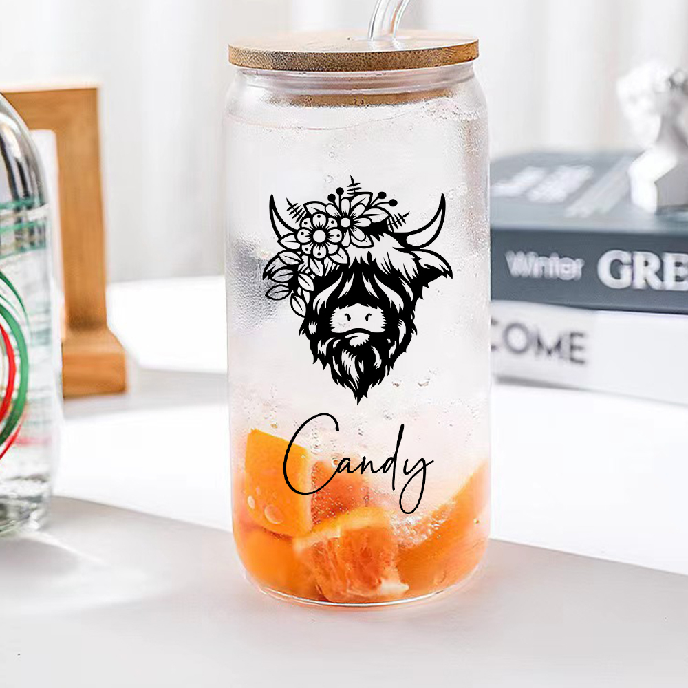 Personalized Highland Cow Tumbler with Name Clear Can Glass Gift for Highland Cow Lovers-Blongser