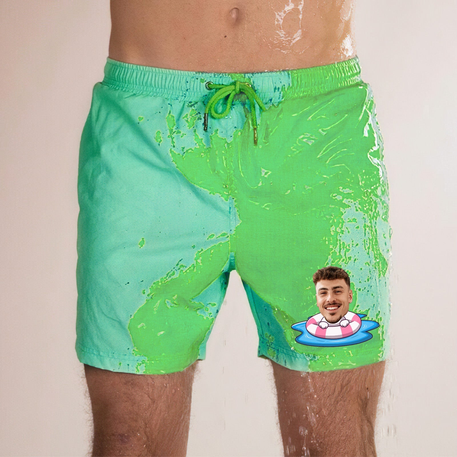Custom Face Beach Shorts Personalized Swim Ring Green to Blue Gradient Swim Trunks-Blongser