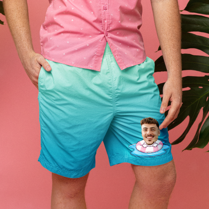 Custom Face Beach Shorts Personalized Swim Ring Green to Blue Gradient Swim Trunks-Blongser
