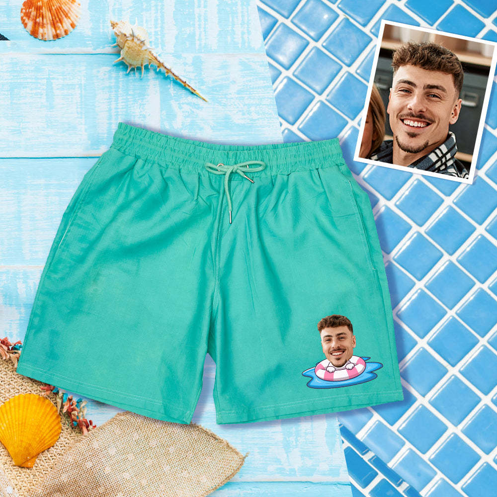 Custom Face Beach Shorts Personalized Swim Ring Green to Blue Gradient Swim Trunks-Blongser