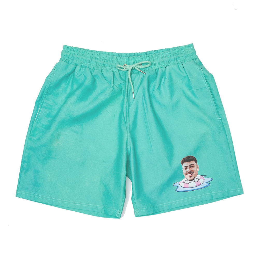 Custom Face Beach Shorts Personalized Swim Ring Green to Blue Gradient Swim Trunks-Blongser