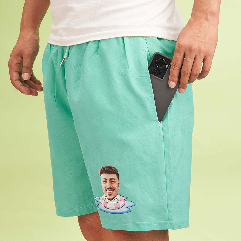 Custom Face Beach Shorts Personalized Swim Ring Green to Blue Gradient Swim Trunks-Blongser