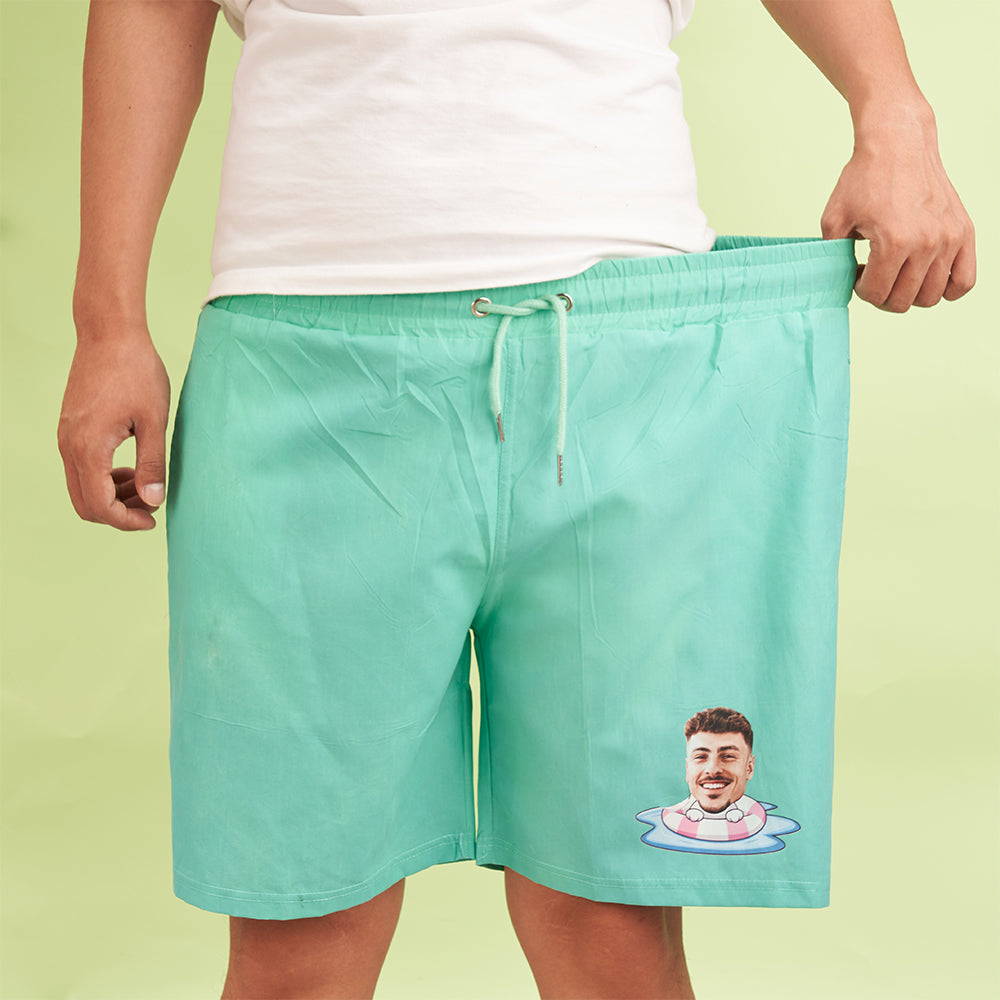 Custom Face Beach Shorts Personalized Swim Ring Green to Blue Gradient Swim Trunks-Blongser
