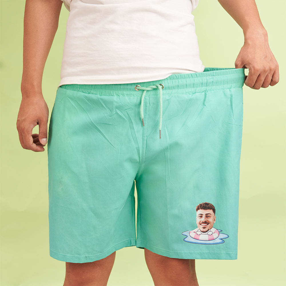Custom Face Beach Shorts Personalized Swim Ring Green to Blue Gradient Swim Trunks-Blongser