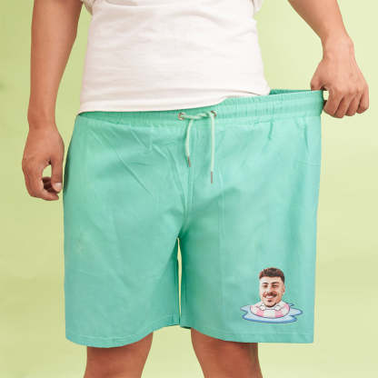 Custom Face Beach Shorts Personalized Swim Ring Green to Blue Gradient Swim Trunks-Blongser