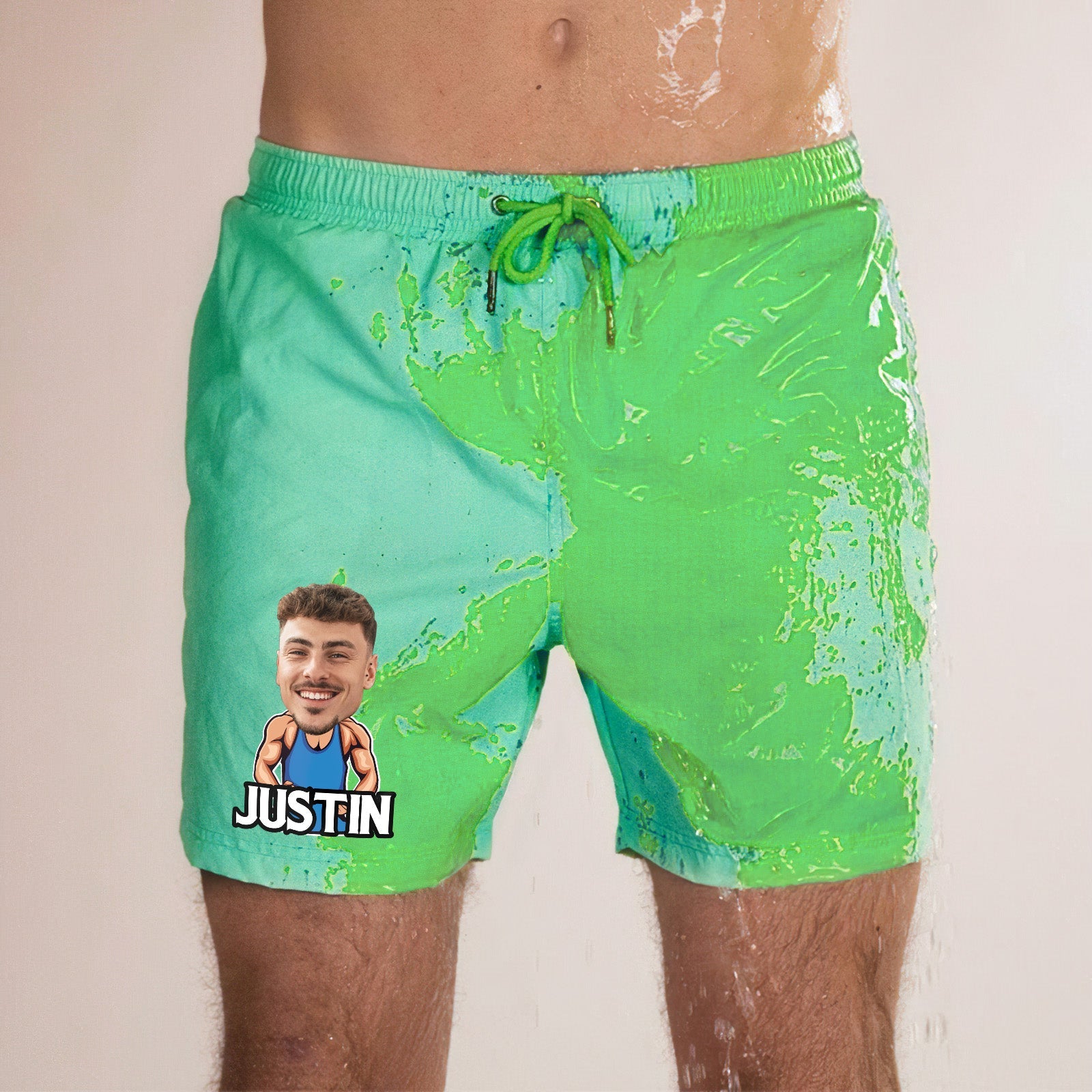 Personalized Beach Shorts Custom Funny Green to Blue Gradient Swimming Trunks with Face And Name-Blongser