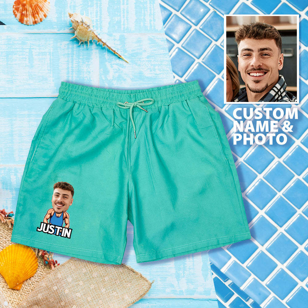 Personalized Beach Shorts Custom Funny Green to Blue Gradient Swimming Trunks with Face And Name-Blongser