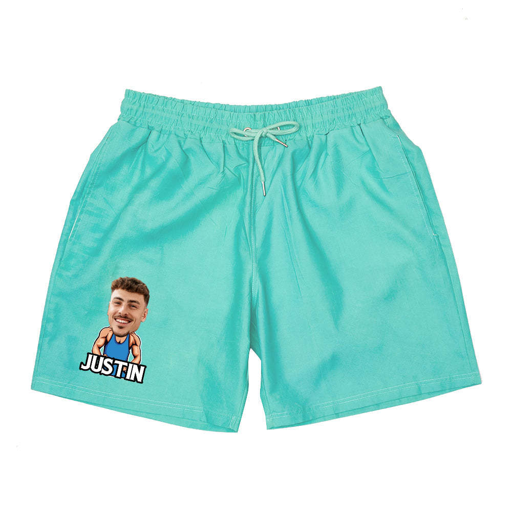 Personalized Beach Shorts Custom Funny Green to Blue Gradient Swimming Trunks with Face And Name-Blongser