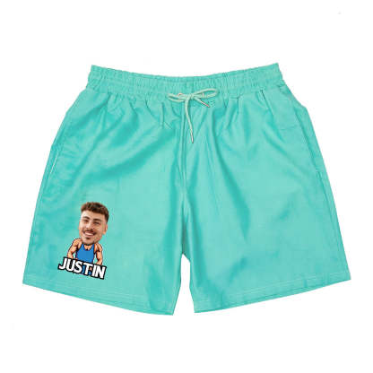 Personalized Beach Shorts Custom Funny Green to Blue Gradient Swimming Trunks with Face And Name-Blongser