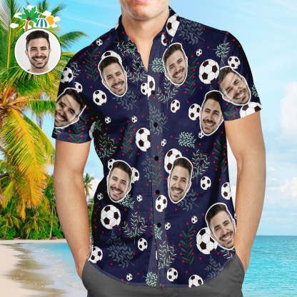 Custom Face Soccer Pattern Hawaiian Shirt Green Plants Beach Shirt for Soccer Lovers-Blongser