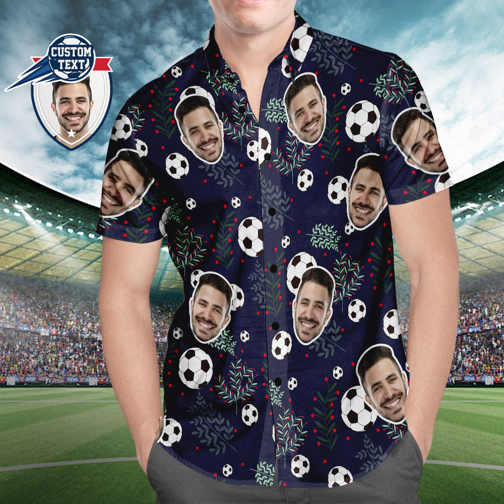 Custom Face Soccer Pattern Hawaiian Shirt Green Plants Beach Shirt for Soccer Lovers-Blongser