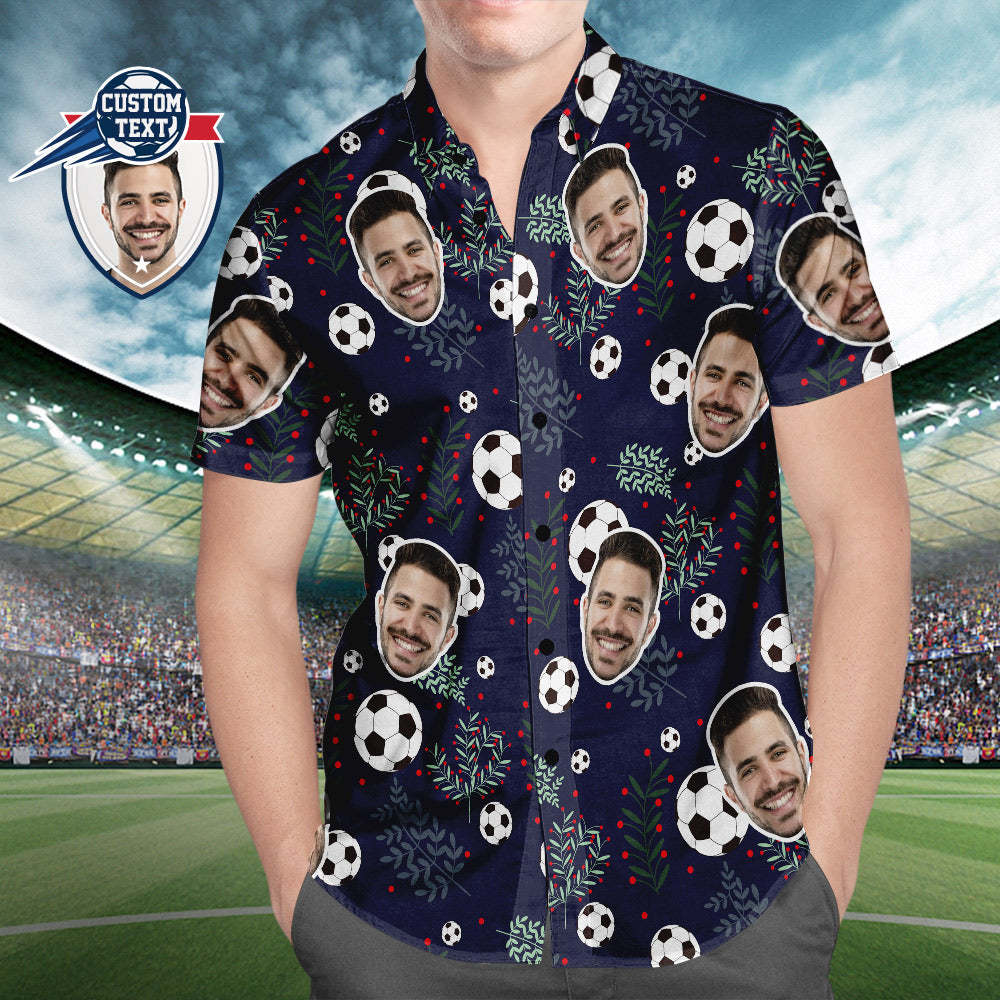 Custom Face Soccer Pattern Hawaiian Shirt Green Plants Beach Shirt for Soccer Lovers-Blongser