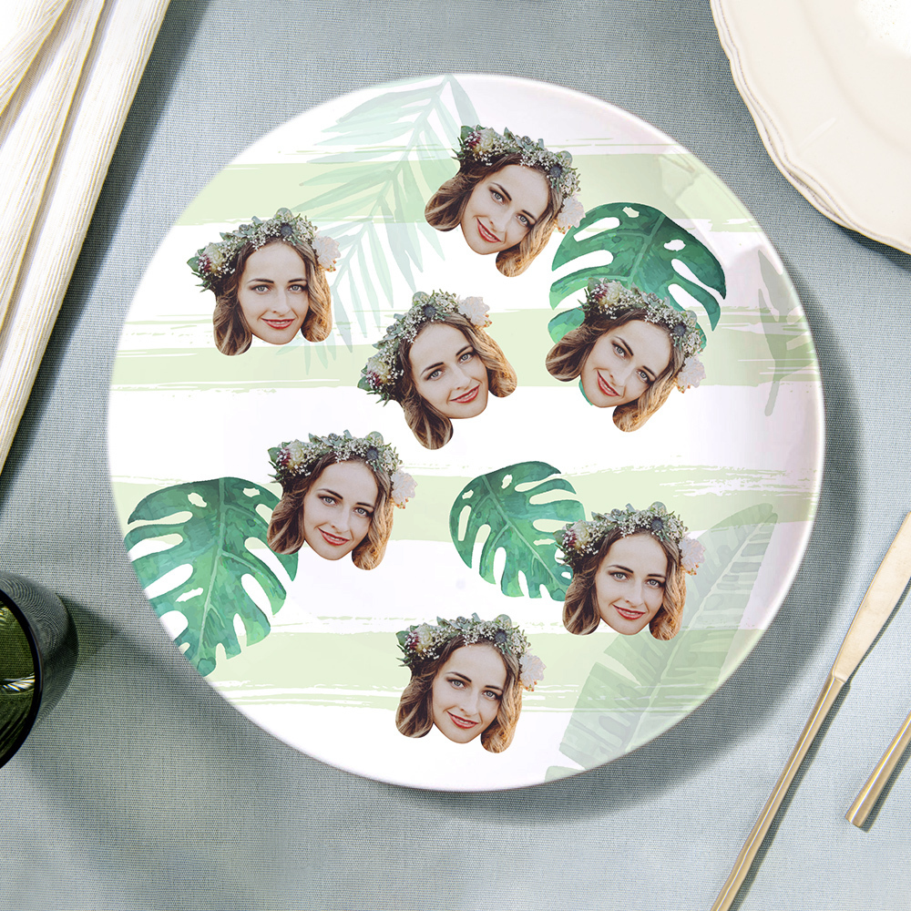Personalized Green Leaf Dinner Plate Dinnerware Custom Face Ceramics Plates-Blongser