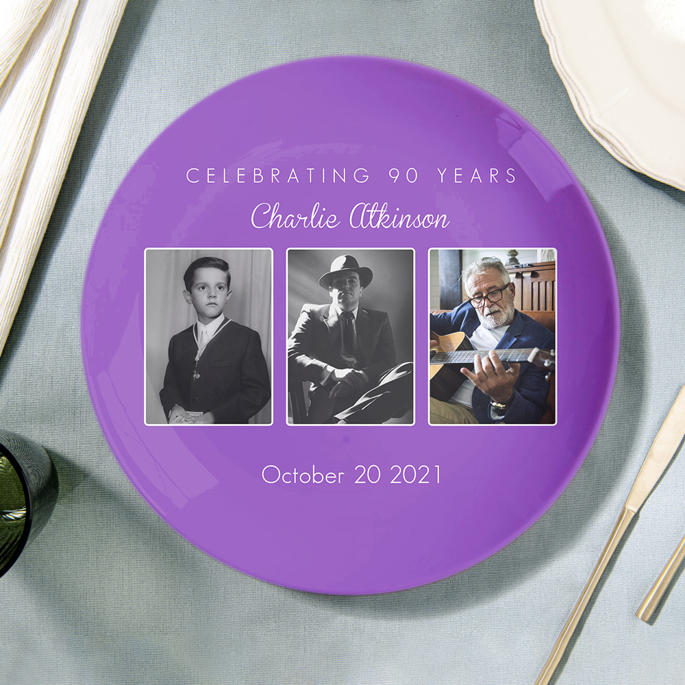 Custom Memorable Photo Purple Dinner Plates with Text-Blongser