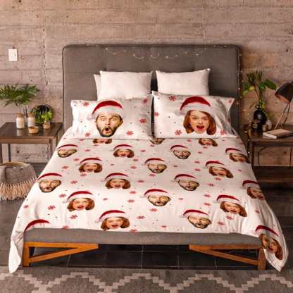 Personalized Photo Double Bedding Sheet And Duvet Cover Pillowslip Set Christmas Hat Gift For Couple-Blongser