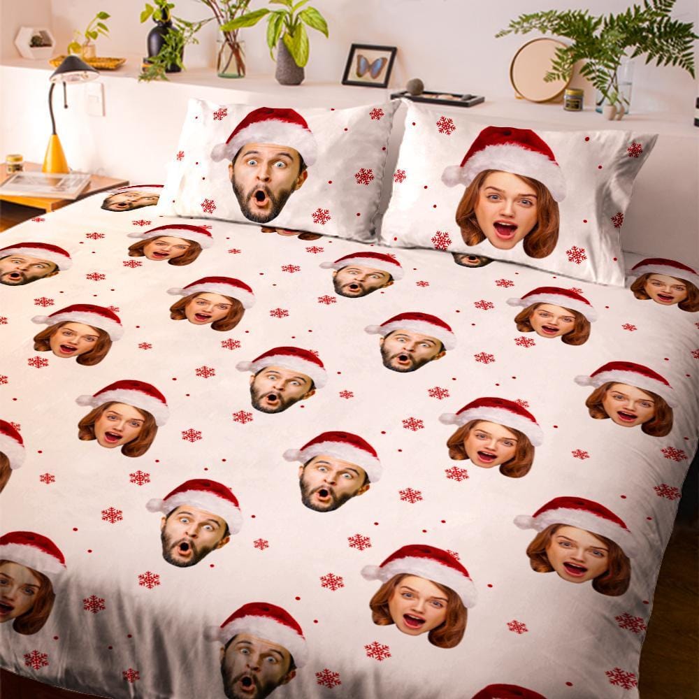 Personalized Photo Double Bedding Sheet And Duvet Cover Pillowslip Set Christmas Hat Gift For Couple-Blongser