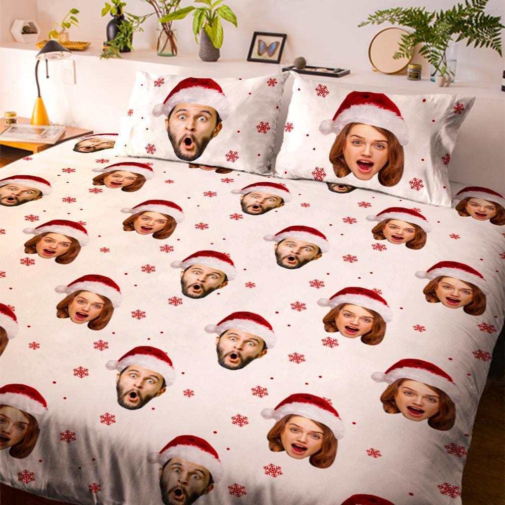 Personalized Photo Double Bedding Sheet And Duvet Cover Pillowslip Set Christmas Hat Gift For Couple-Blongser