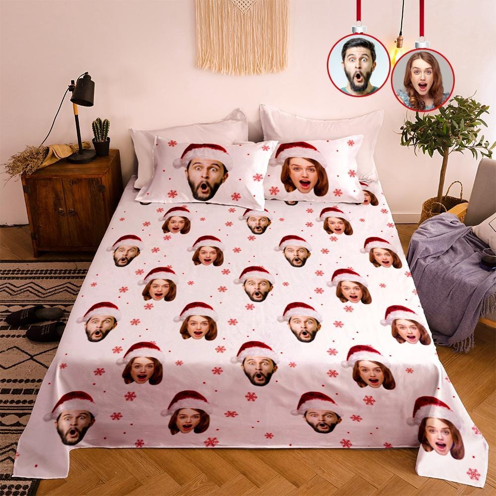 Personalized Photo Double Bedding Sheet And Duvet Cover Pillowslip Set Christmas Hat Gift For Couple-Blongser