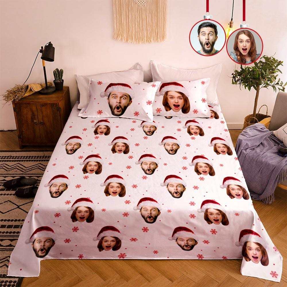 Personalized Photo Double Bedding Sheet And Duvet Cover Pillowslip Set Christmas Hat Gift For Couple-Blongser