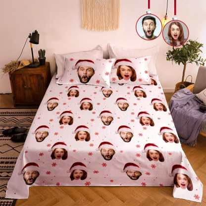 Personalized Photo Double Bedding Sheet And Duvet Cover Pillowslip Set Christmas Hat Gift For Couple-Blongser