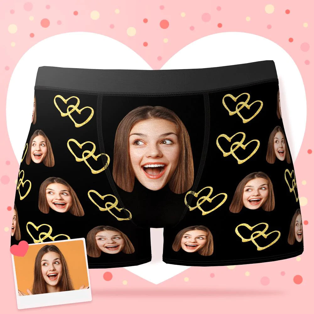 Custom Face Boxer Shorts Personalised Photo Boxer Shorts Romantic Valentine's Day Gifts For Boyfriend - Golden Love-Blongser