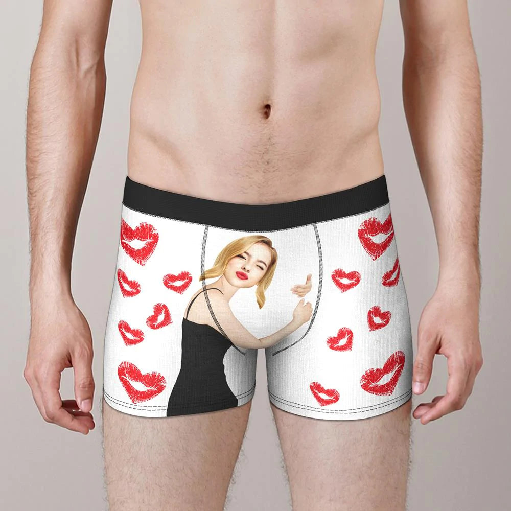 Custom Face Boxers Girlfriend Hug with Heart Lip Print Gifts For Him-Blongser