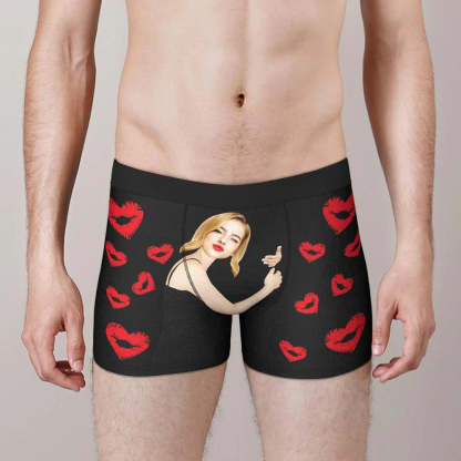 Custom Face Boxers Girlfriend Hug with Heart Lip Print Gifts For Him-Blongser