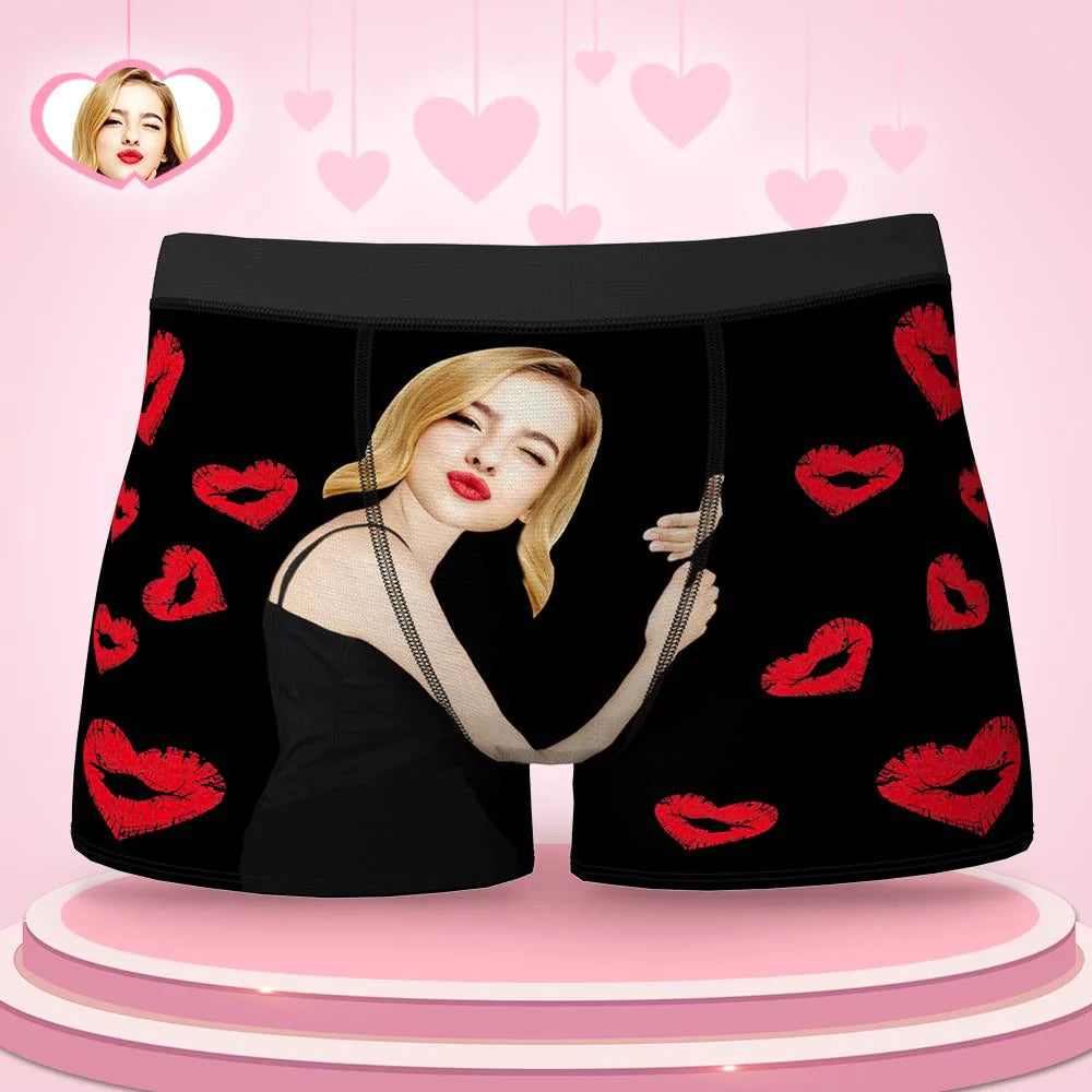 Custom Face Boxers Girlfriend Hug with Heart Lip Print Gifts For Him-Blongser