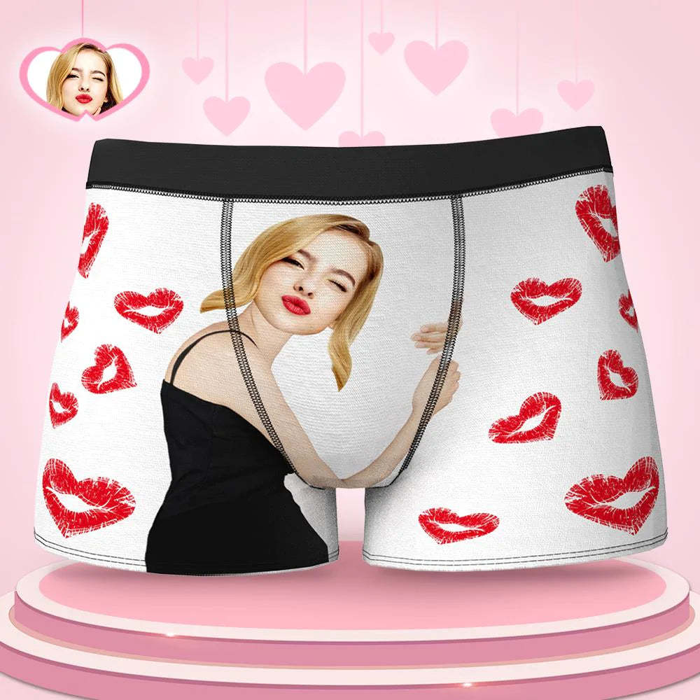Custom Face Boxers Girlfriend Hug with Heart Lip Print Gifts For Him-Blongser