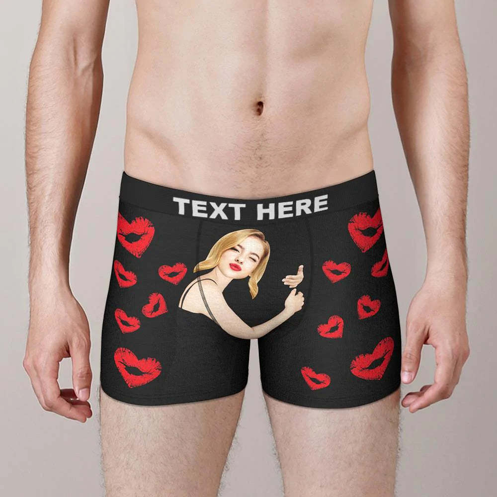 Custom Face Boxers Girlfriend Hug with Heart Lip Print Gifts For Him-Blongser