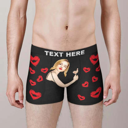 Custom Face Boxers Girlfriend Hug with Heart Lip Print Gifts For Him-Blongser